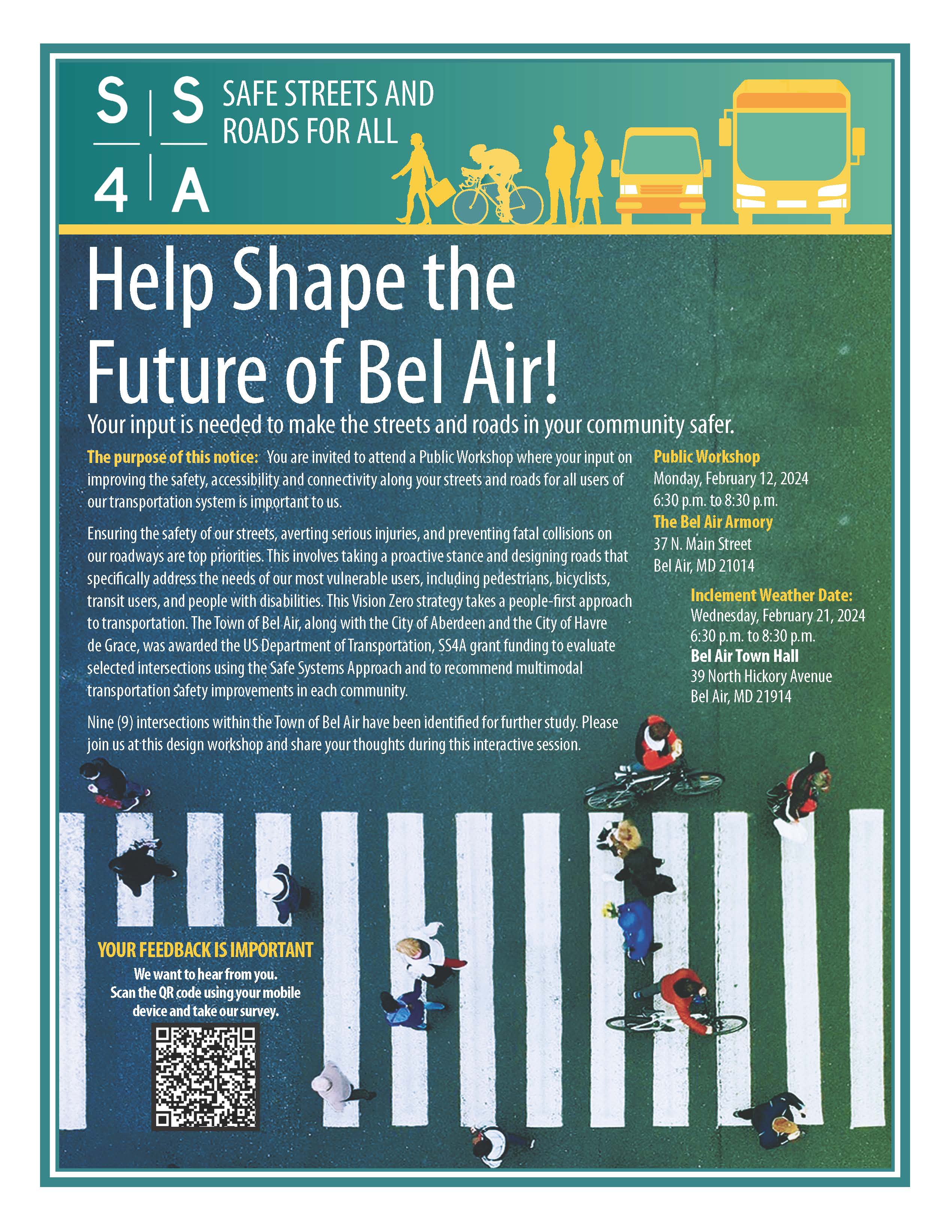 An image of a flyer with information about a Safe Streets for All workshop in Bel Air on 2/12/2024
