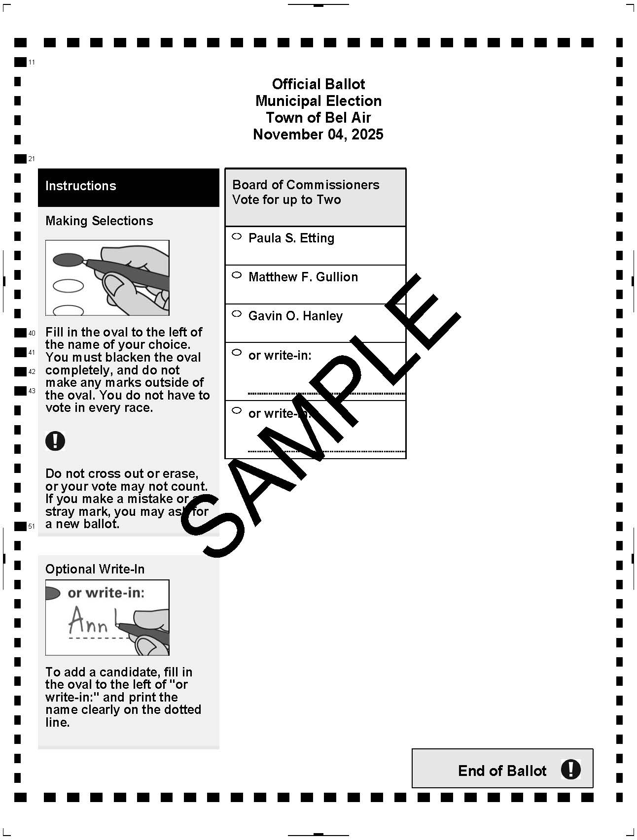Image of Town of Bel Air 2025 Municipal Election Sample Ballot